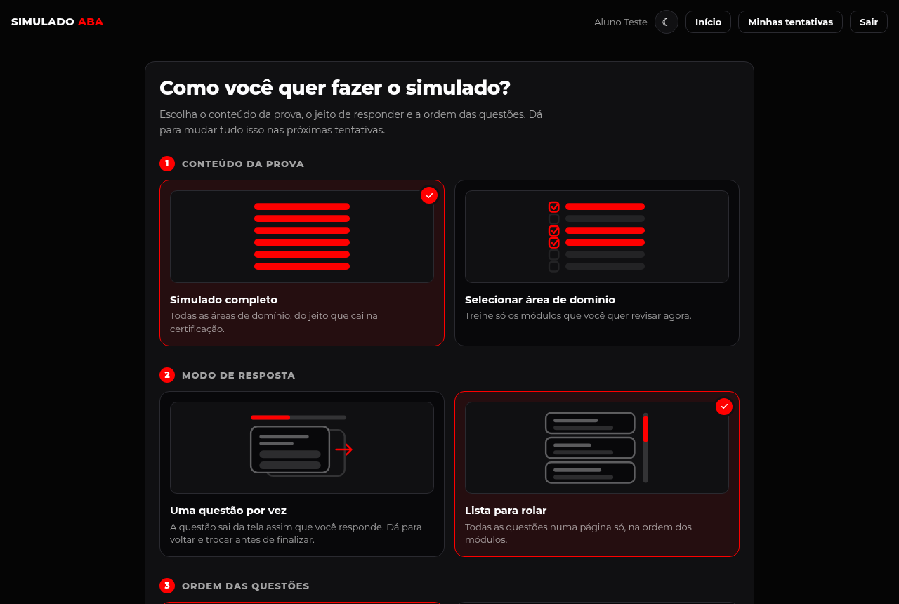 Tela de configuração: escolha entre simulado completo ou por área de domínio, modo de resposta e ordem das questões.