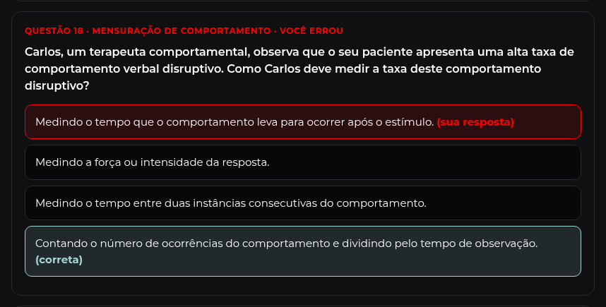 Revisão de uma questão: a alternativa marcada aparece como sua resposta e a certa fica destacada.