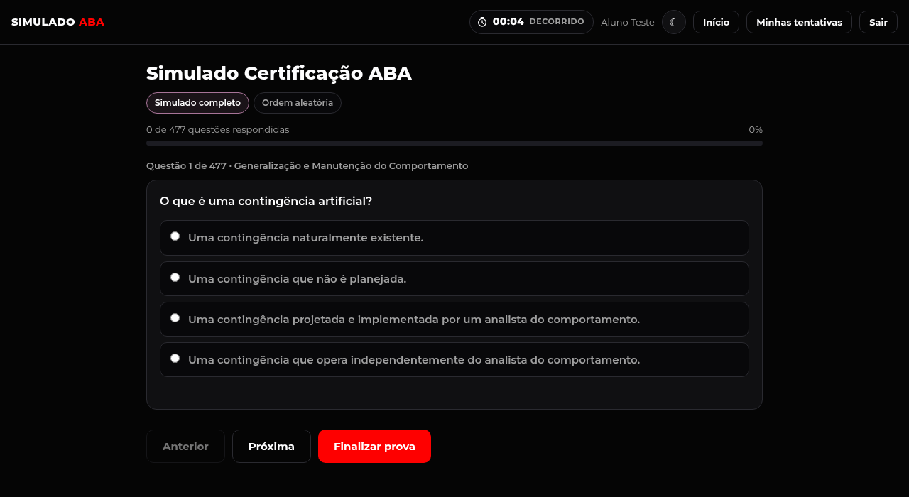 Tela da prova com uma questão de encadeamento, quatro alternativas, cronômetro e barra de progresso.