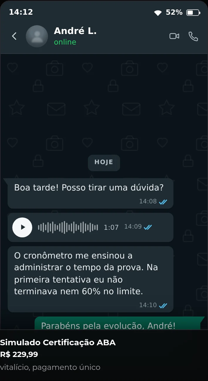 Print de conversa no WhatsApp: André L. tira uma dúvida e manda um áudio contando a experiência com o simulado.