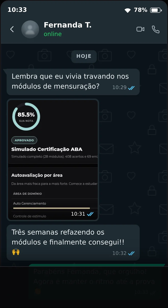 Print de conversa no WhatsApp: Fernanda T. compartilha o resultado com nota 85,5% e selo de aprovado depois de refazer os módulos.