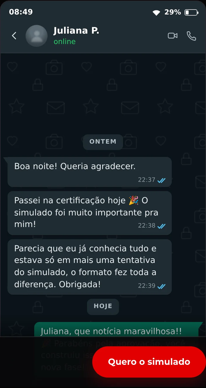 Print de conversa no WhatsApp: Juliana P. agradece e conta que foi aprovada na certificação.