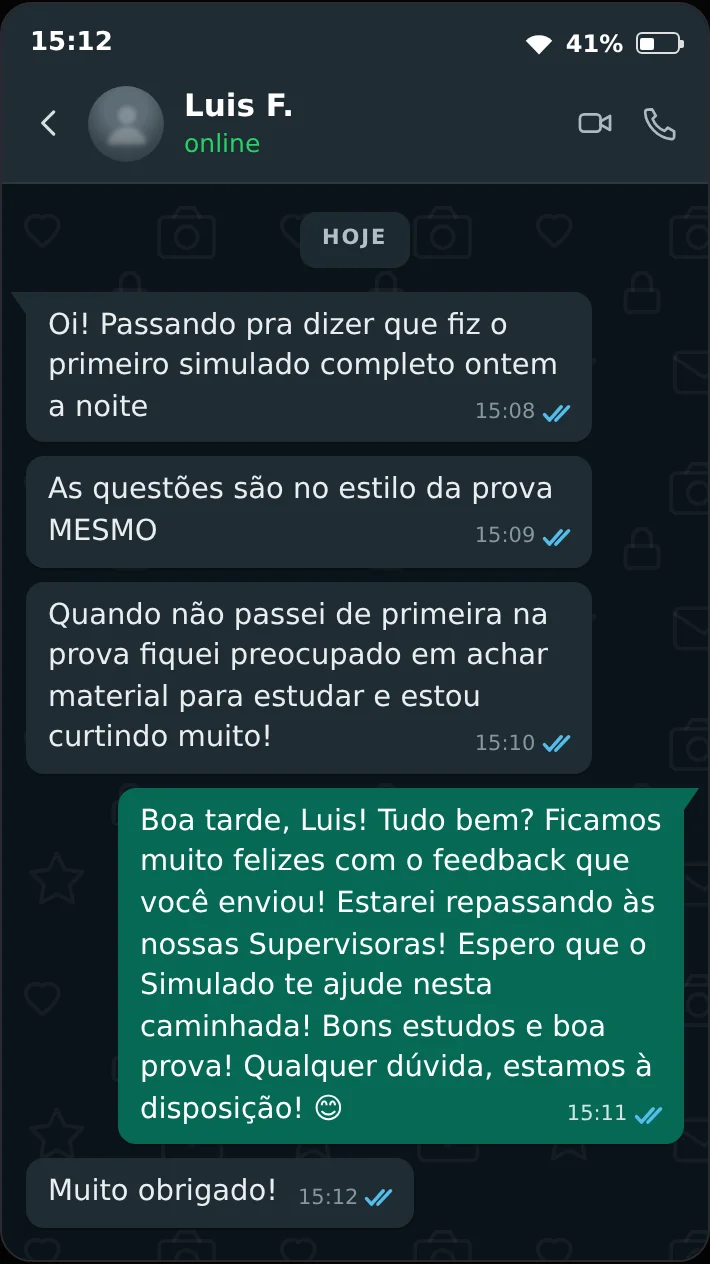 Print de conversa no WhatsApp: Luis F. conta que fez o primeiro simulado completo e que as questões são no estilo da prova.
