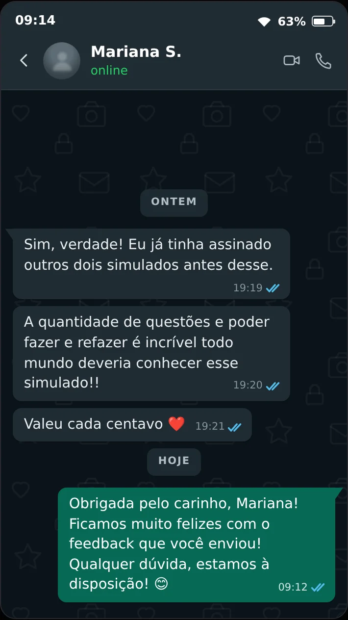 Print de conversa no WhatsApp: Mariana S. conta que já tinha assinado outros dois simulados e que este valeu cada centavo.