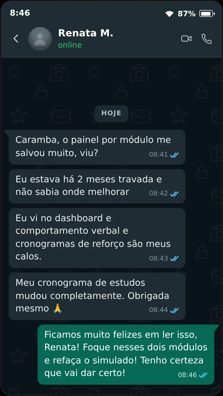 Print de conversa no WhatsApp: Renata M. conta que o painel por módulo mostrou onde melhorar e mudou o cronograma de estudos dela.